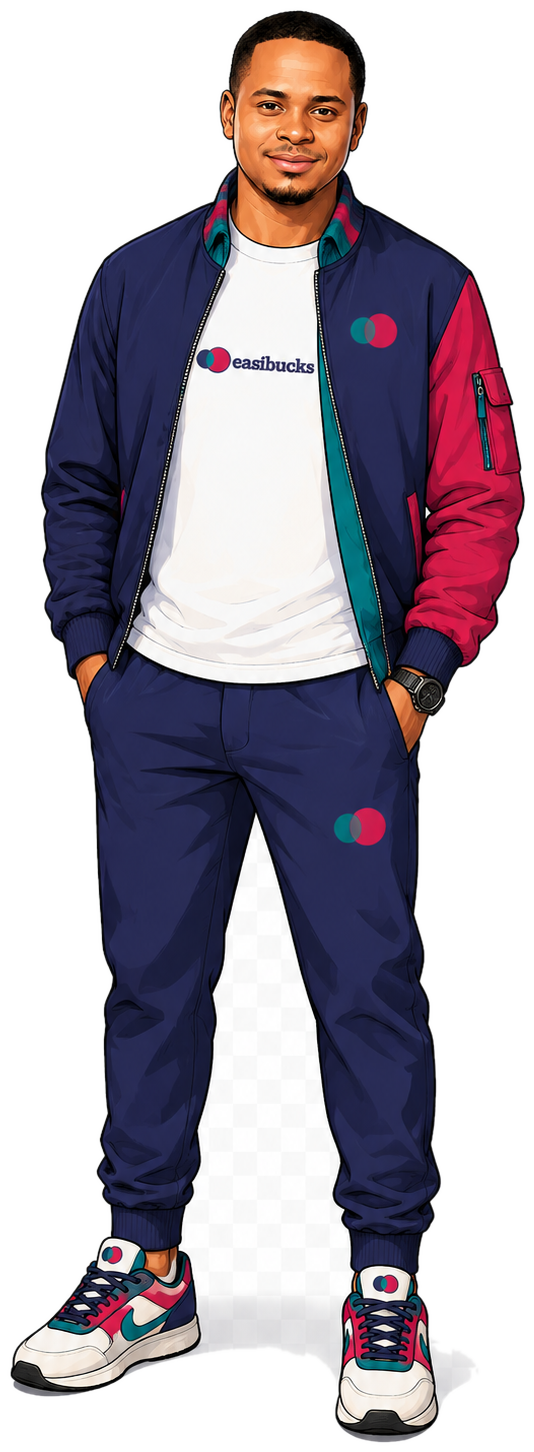 Liffa, EasiBucks founder, illustrated in an EasiBucks tracksuit